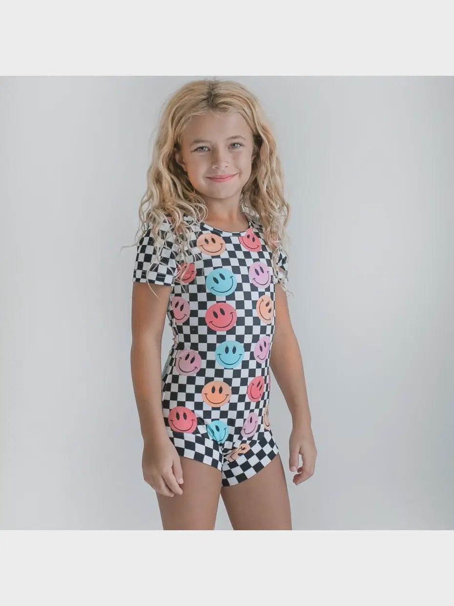 Kids Retro Smiley Face Checkered Dance Gymnastics Leotard