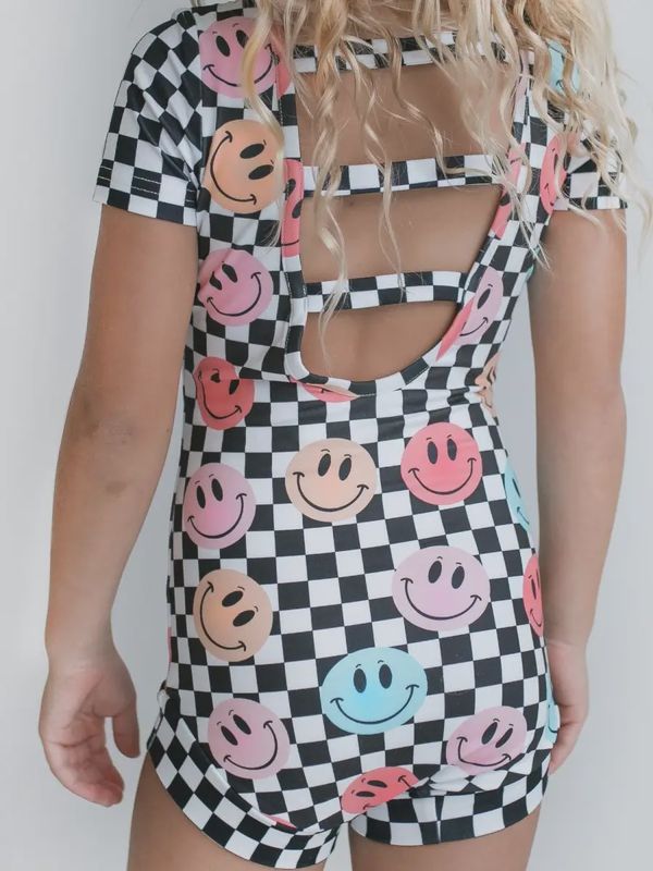 Kids Retro Smiley Face Checkered Dance Gymnastics Leotard