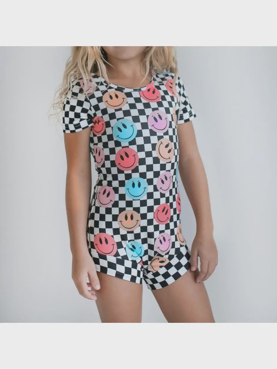 Kids Retro Smiley Face Checkered Dance Gymnastics Leotard