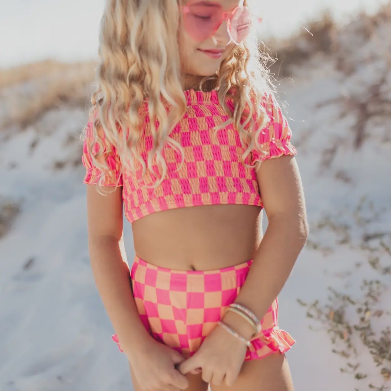 Kids Hot Pink &amp; Tangerine Check Ruched 2 Piece Swimsuit