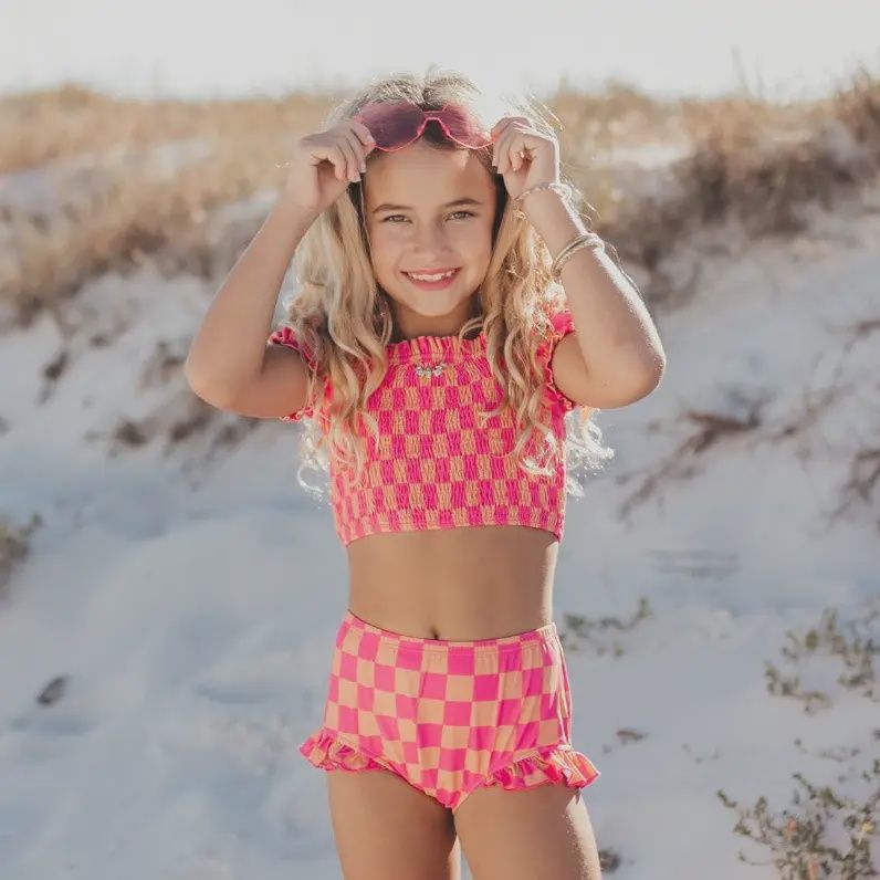 Kids Hot Pink &amp; Tangerine Check Ruched 2 Piece Swimsuit