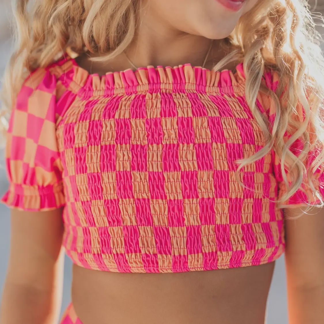 Kids Hot Pink &amp; Tangerine Check Ruched 2 Piece Swimsuit
