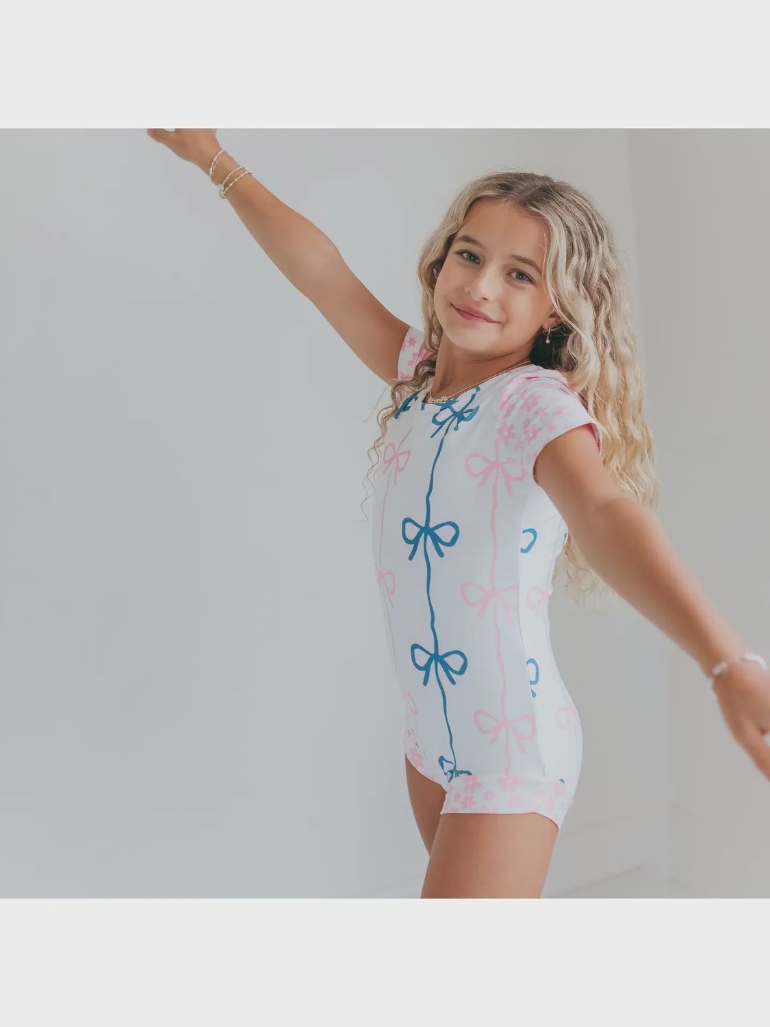 Kids Pink &amp; Blue Bow Shortie Ballet Dance Gymnastics Leotard