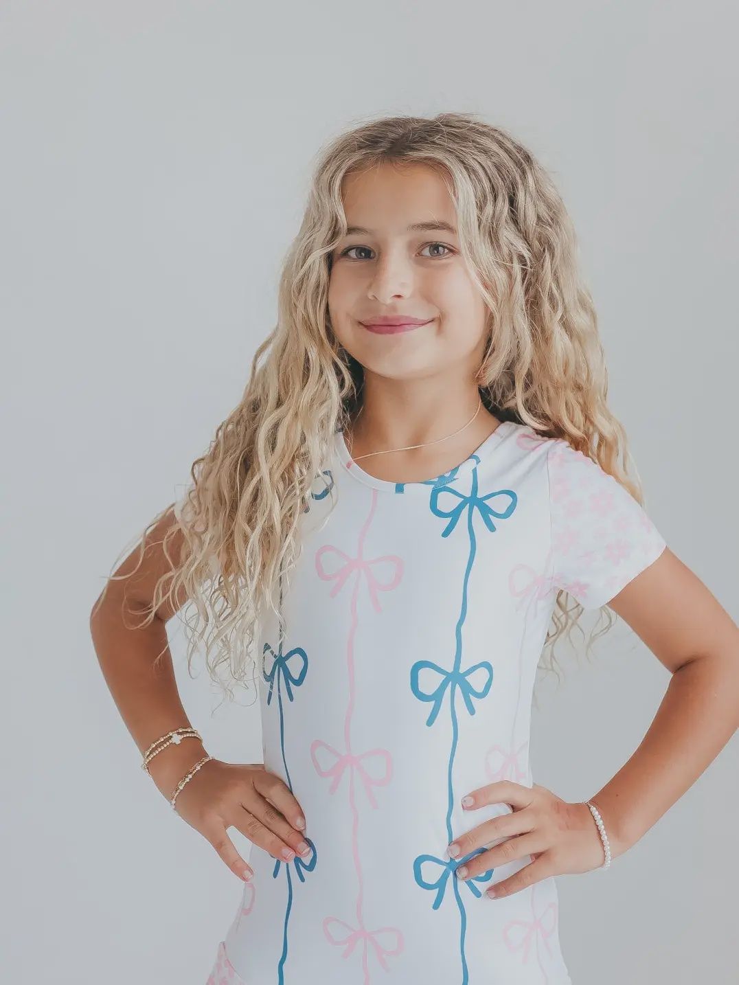 Kids Pink &amp; Blue Bow Shortie Ballet Dance Gymnastics Leotard