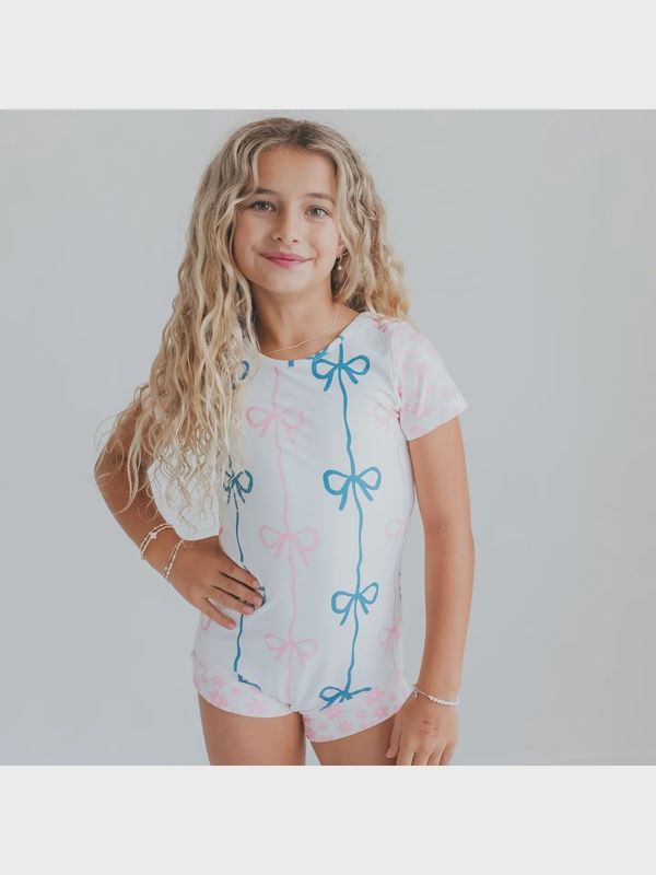 Kids Pink &amp; Blue Bow Shortie Ballet Dance Gymnastics Leotard