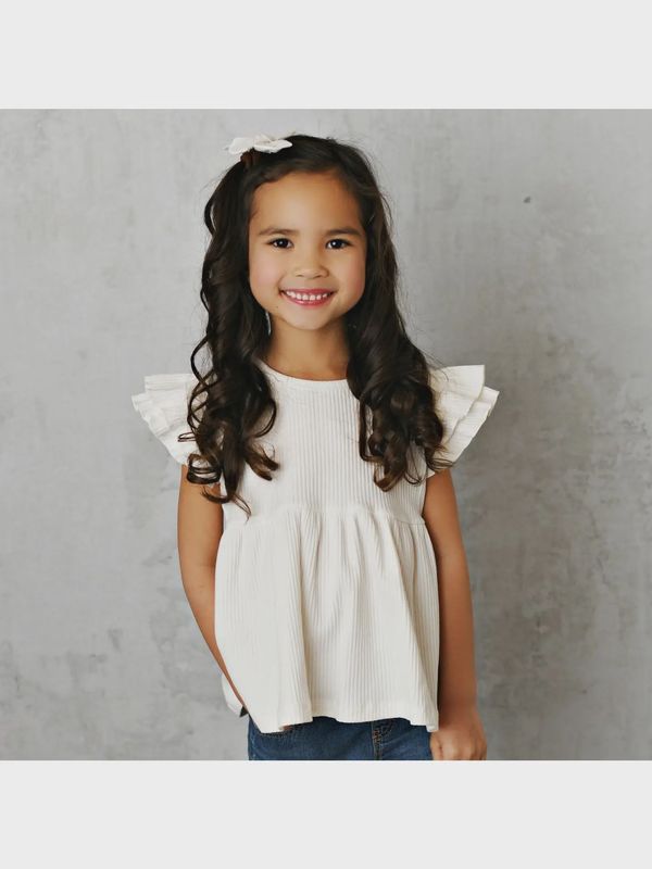 Kids White Double Ruffle Flutter Sleeve Spring Summer Shirt