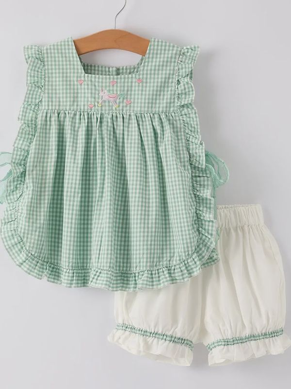 Green Pony Embroidered Plaid Top + Short Two-Piece Set
