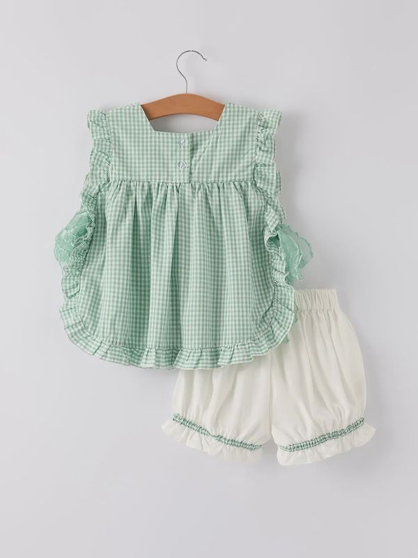 Green Pony Embroidered Plaid Top + Short Two-Piece Set