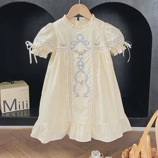 Embroidered Lace Girls' Short-Sleeved Dress