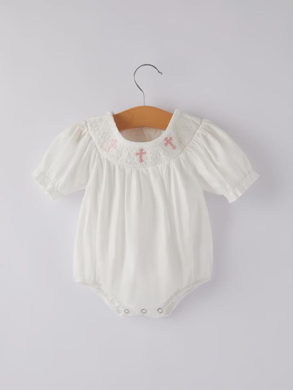 White Smocked Church Christ Bishop Christening Girls Romper