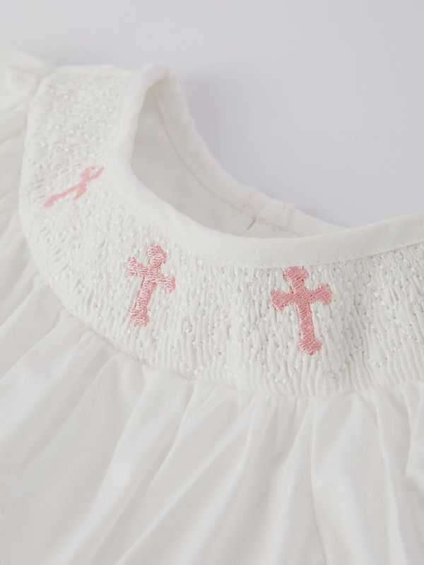 White Smocked Church Christ Bishop Christening Girls Romper