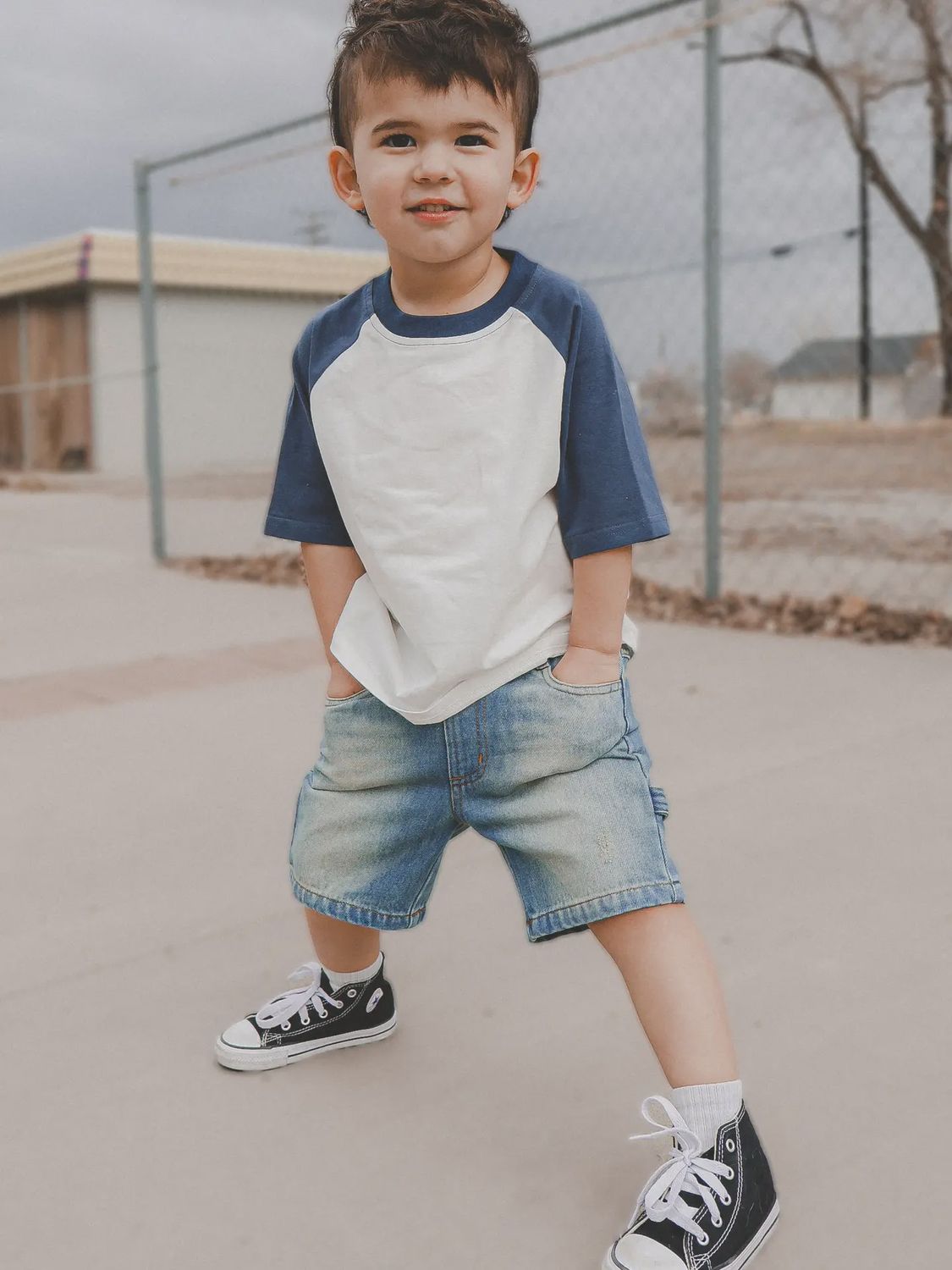 White &amp; Navy Raglan Baseball Tee