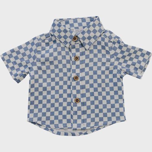 Blue Checkered Linen Button Up