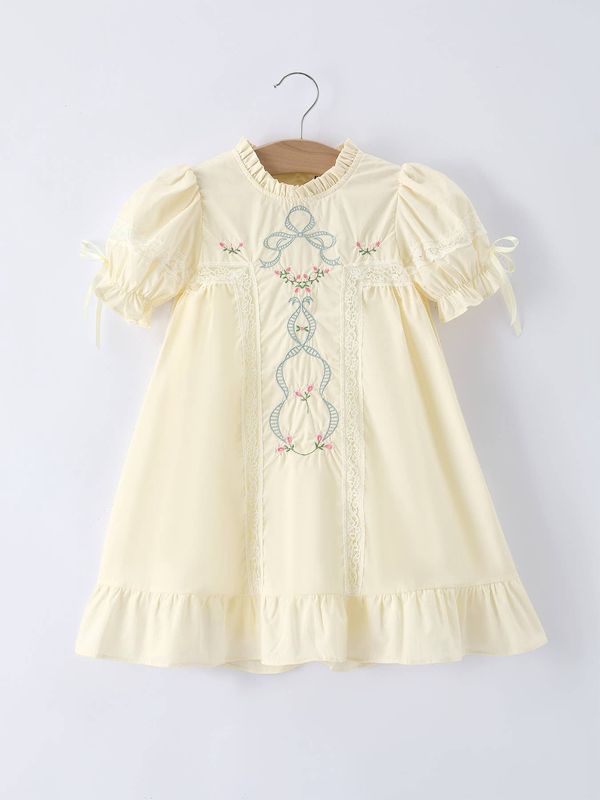 Embroidered Lace Girls' Short-sleeved Dress- Beige/Pink