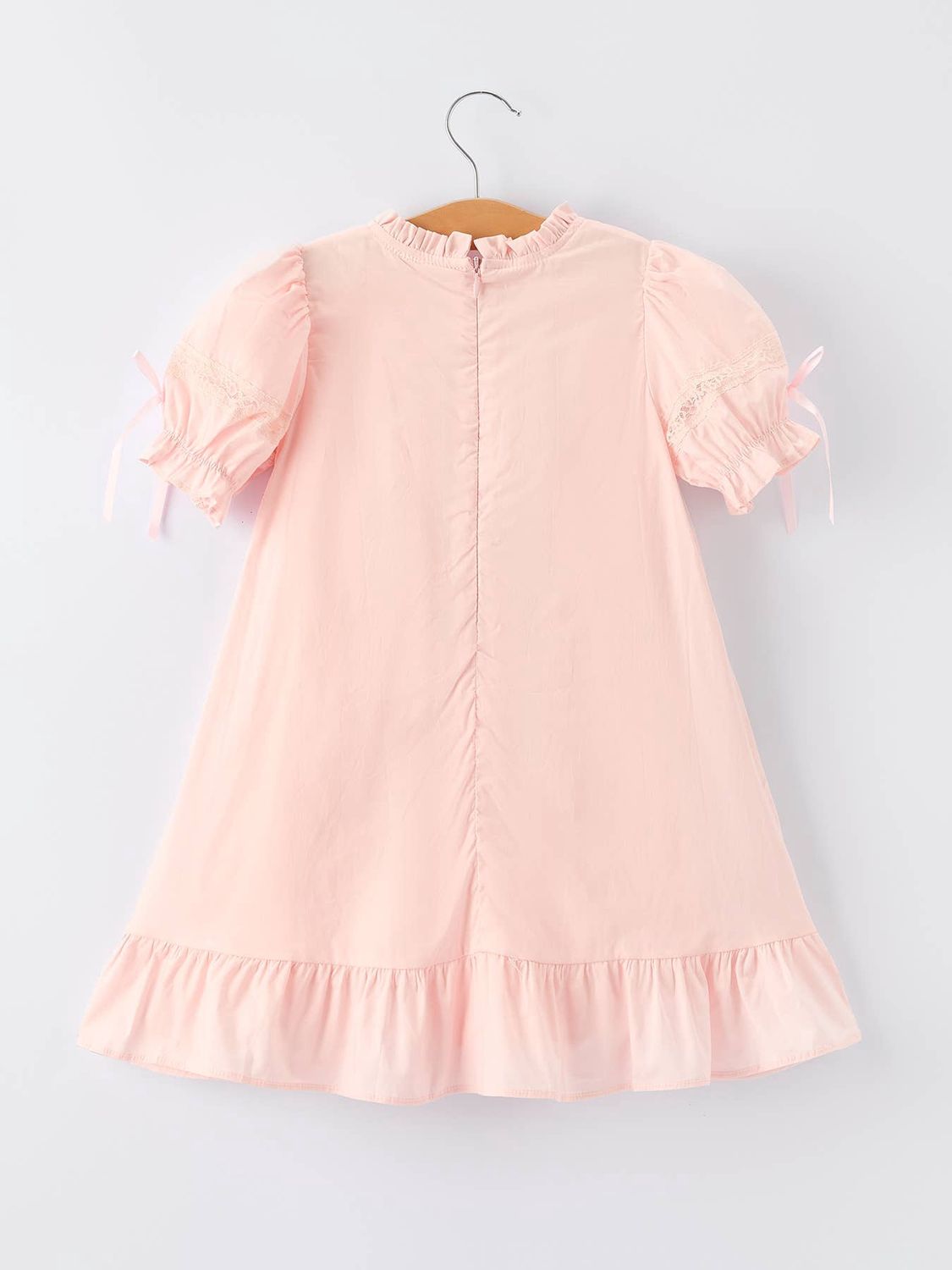Embroidered Lace Girls' Short-sleeved Dress- Beige/Pink