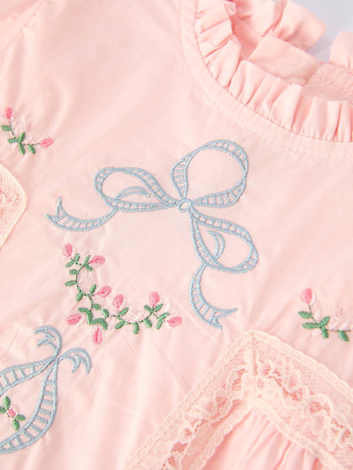 Embroidered Lace Girls' Short-sleeved Dress- Beige/Pink