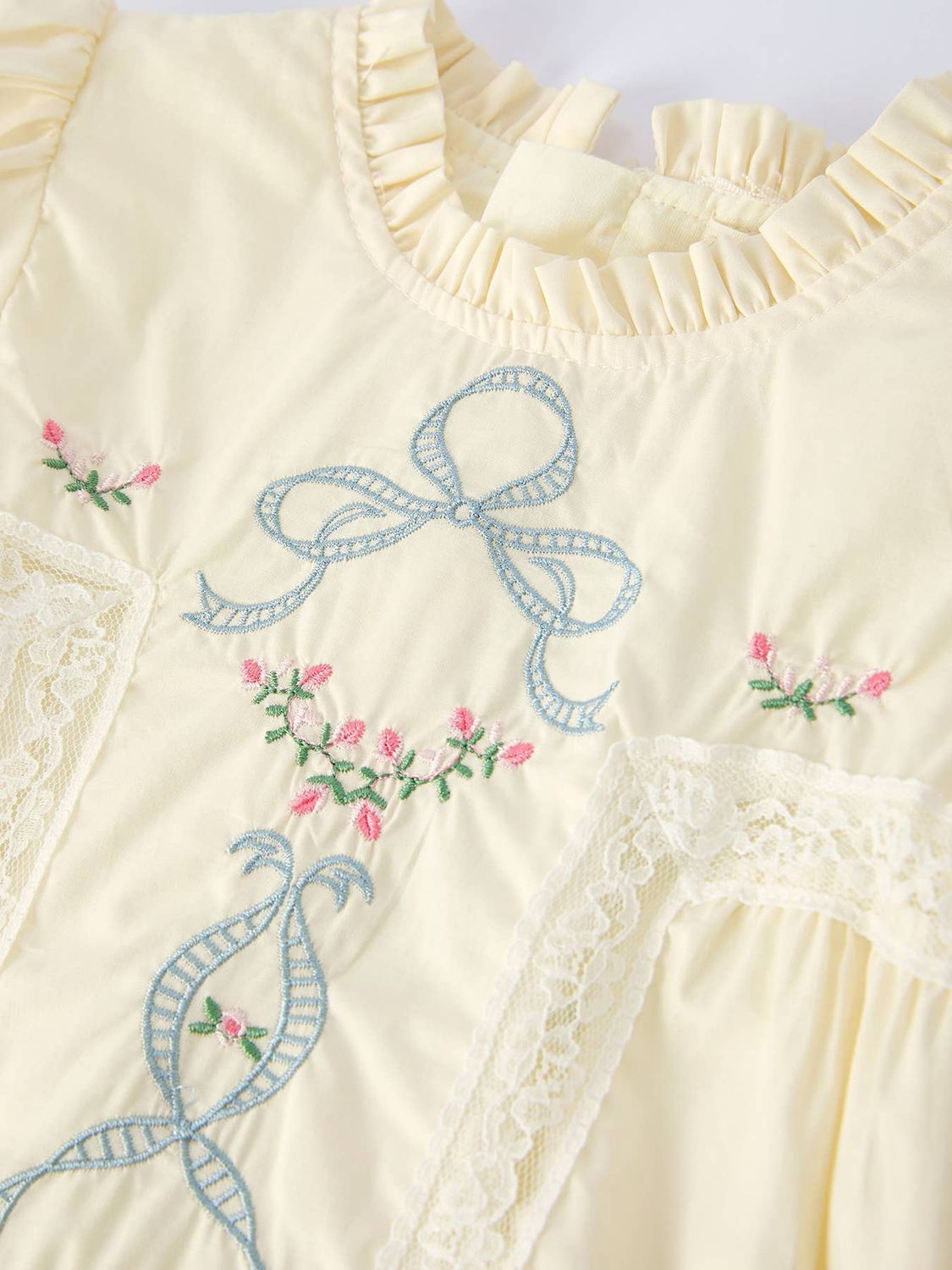 Embroidered Lace Girls' Short-sleeved Dress- Beige/Pink