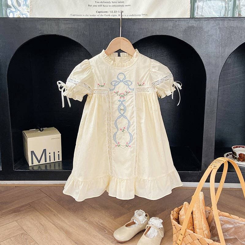 Embroidered Lace Girls' Short-sleeved Dress- Beige/Pink