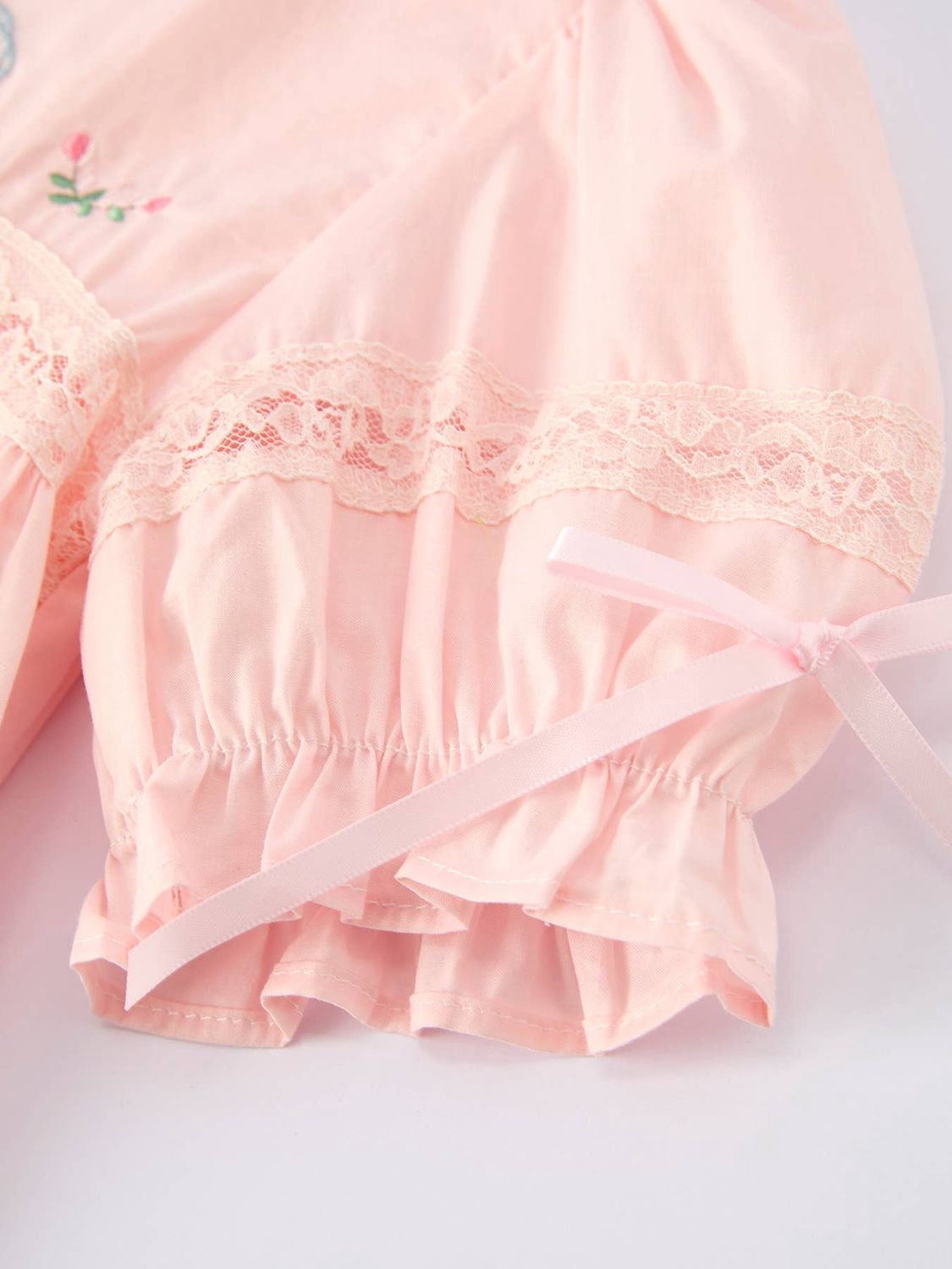 Embroidered Lace Girls' Short-sleeved Dress- Beige/Pink