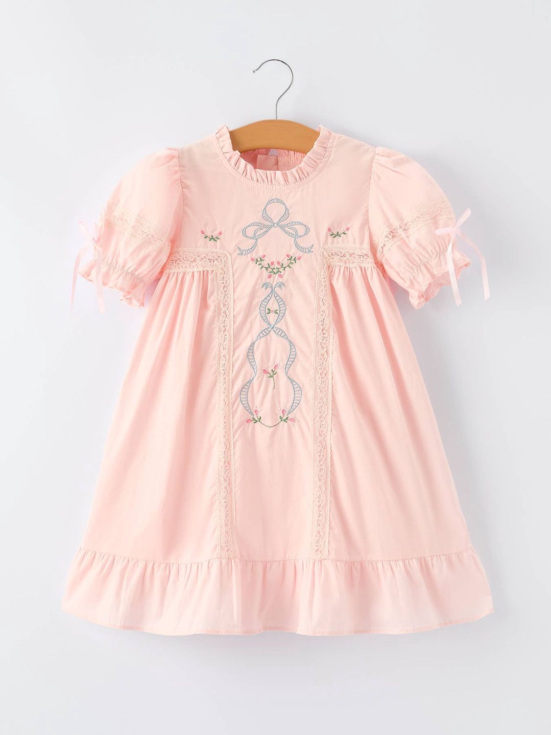 Embroidered Lace Girls' Short-sleeved Dress- Beige/Pink