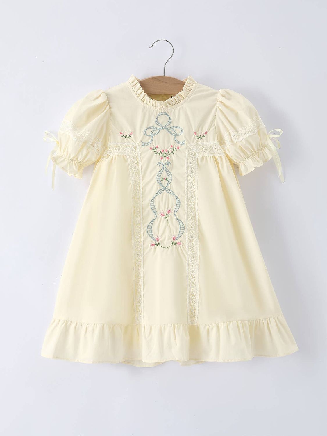 Embroidered Lace Girls' Short-sleeved Dress- Beige/Pink, Size: 5