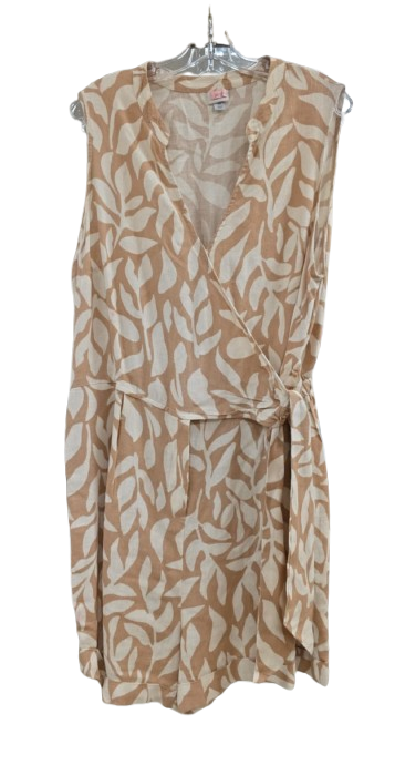 A New Day women's linen blend wrap romper with a tan and white leaf print