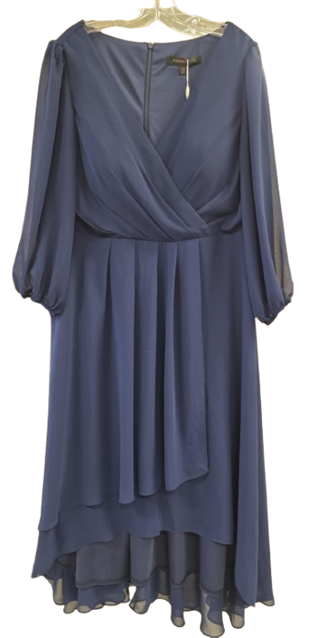 Ever-Pretty V-Neck Long Sleeve Chiffon A-Line Pleated Hi-Lo Dress in navy blue.