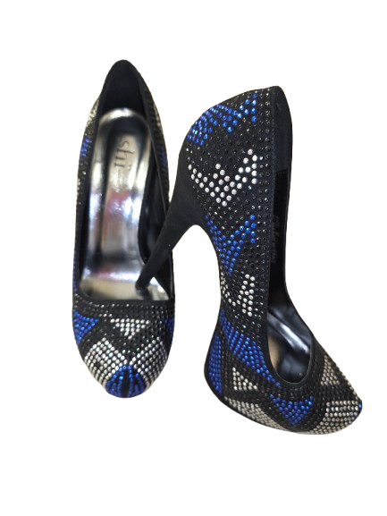 Royal blue black and Silver platform heel