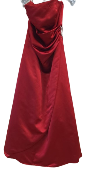 David's Bridal strapless, floor-length, red satin dress with a draped side and brooch accent