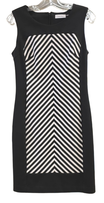 Calvin Klein black and white sleeveless sheath dress with a chevron pattern