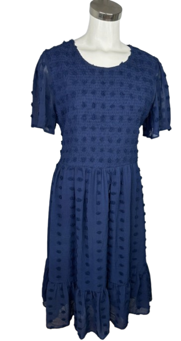 TeCrew Swiss Dot Ruffle Hem Blue Stretch Knit Midi Dress