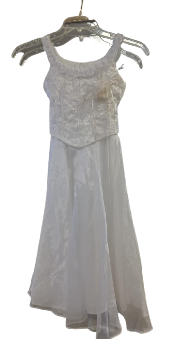 White formal dress with a fitted, embroidered bodice and a flowing