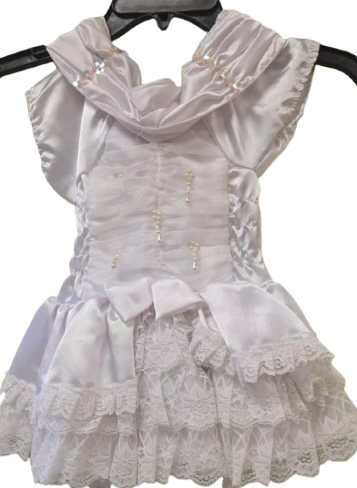 white satin and lace infant dress