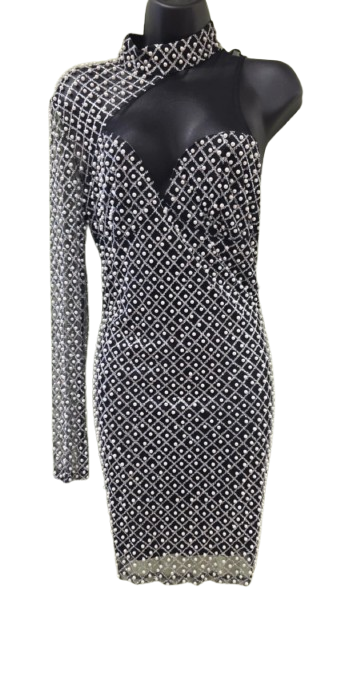 Bonjul Rhinestone Pearl Stud One Shoulder Mini Dress
