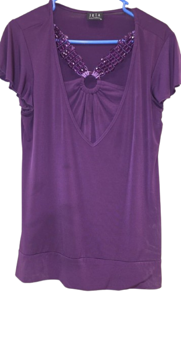 s purple short sleeve pullover shirt blouse with an embellished neckline