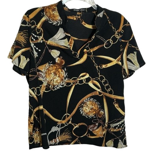 Shein Short sleeve blouse with gold and black chain medallionprint