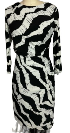 INC Black Zebra Print Knit Ruched Long Sleeve Dress