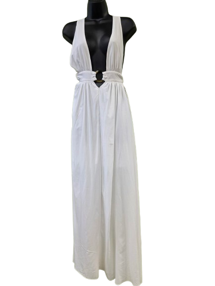White maxi dress featuring a plunging neckline and ring hardware detail