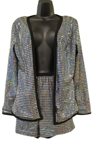 Sequin blazer and shorts set features a distinct silver metallic grid pattern