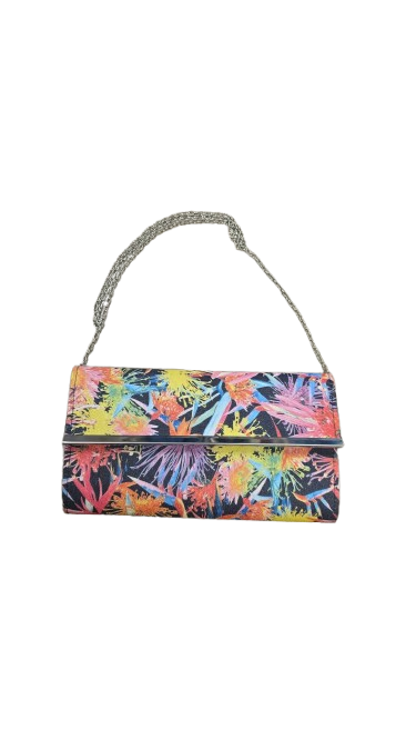 Aldo envelope clutch features a vibrant tropical floral print and a removable silver chain strap