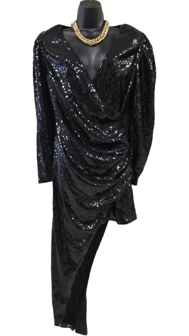 Black sequin wrap dress features a v-neckline and draped detailing