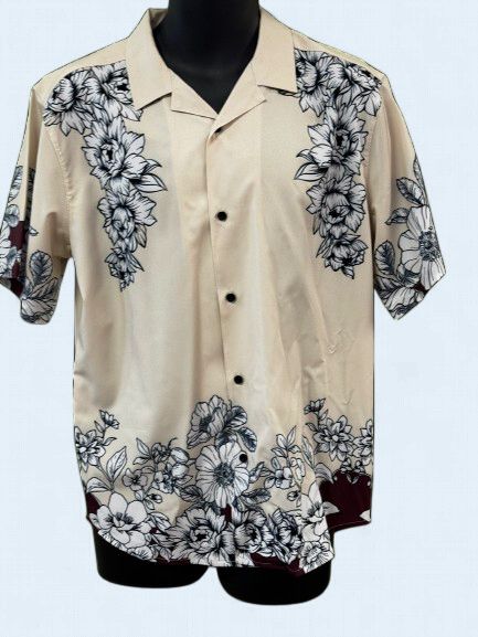 Fashion Nova Cream Short Sleeve Button Up with Flower Design