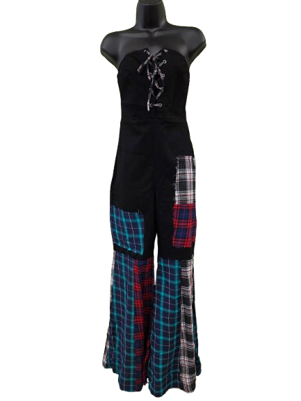 Fashion Nova Ava Patchwork Jumpsuit features a black strapless design with multi-color plaid patchwork details