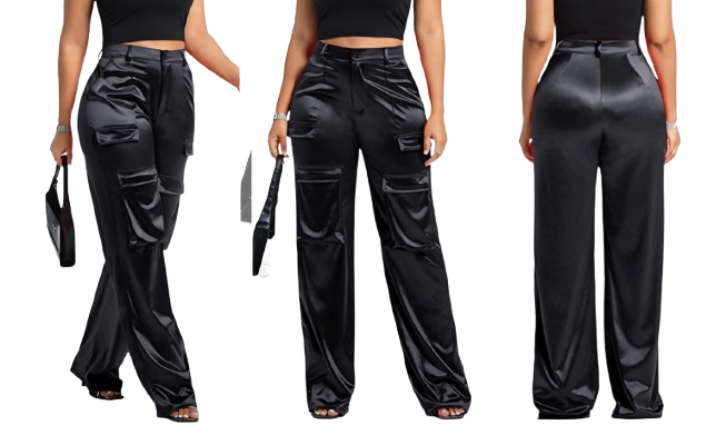 Satin cargo pants feature a wide-leg silhouette and prominent side cargo pockets, Colour: balck]