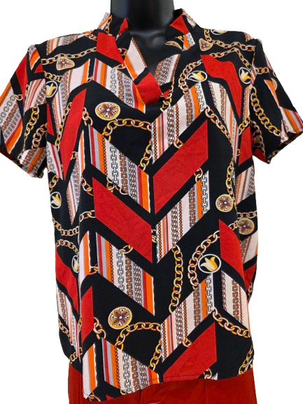 Striking multicolor chain and stripe pattern in red, black, and orange tones blouse