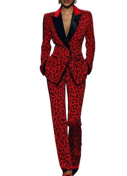 Red and black leopard print suit set features a blazer with structured lapels and matching pants