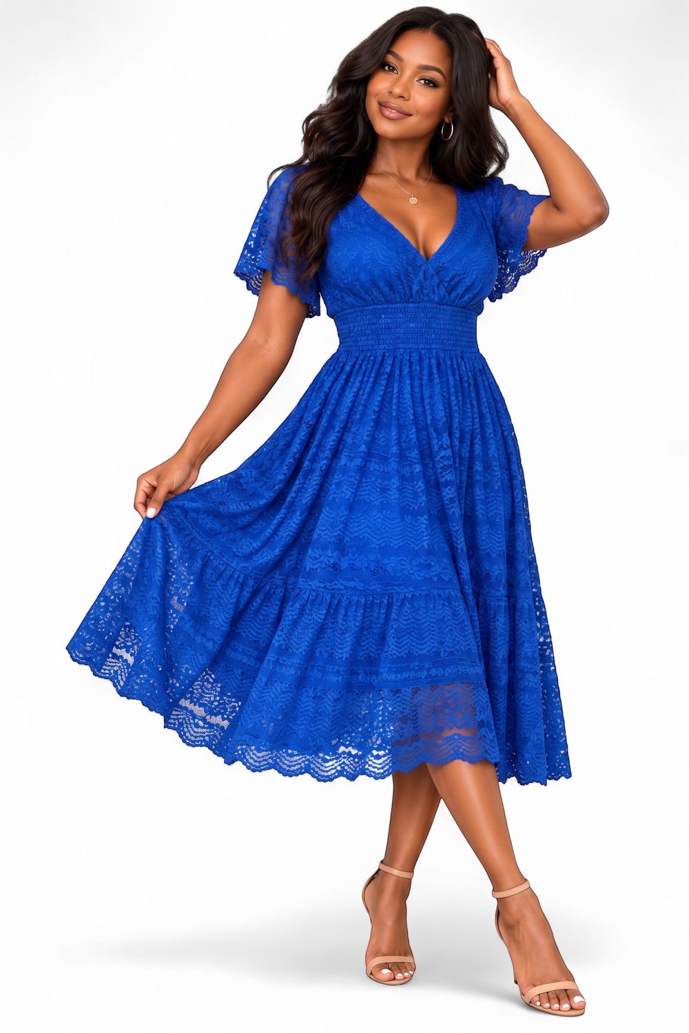 Royal Blue Chevron Lace Midi Dress