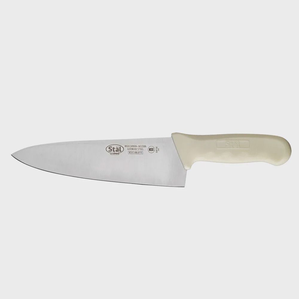Winco 8in Wide Cook Knife w/ White Polypropylene Handle