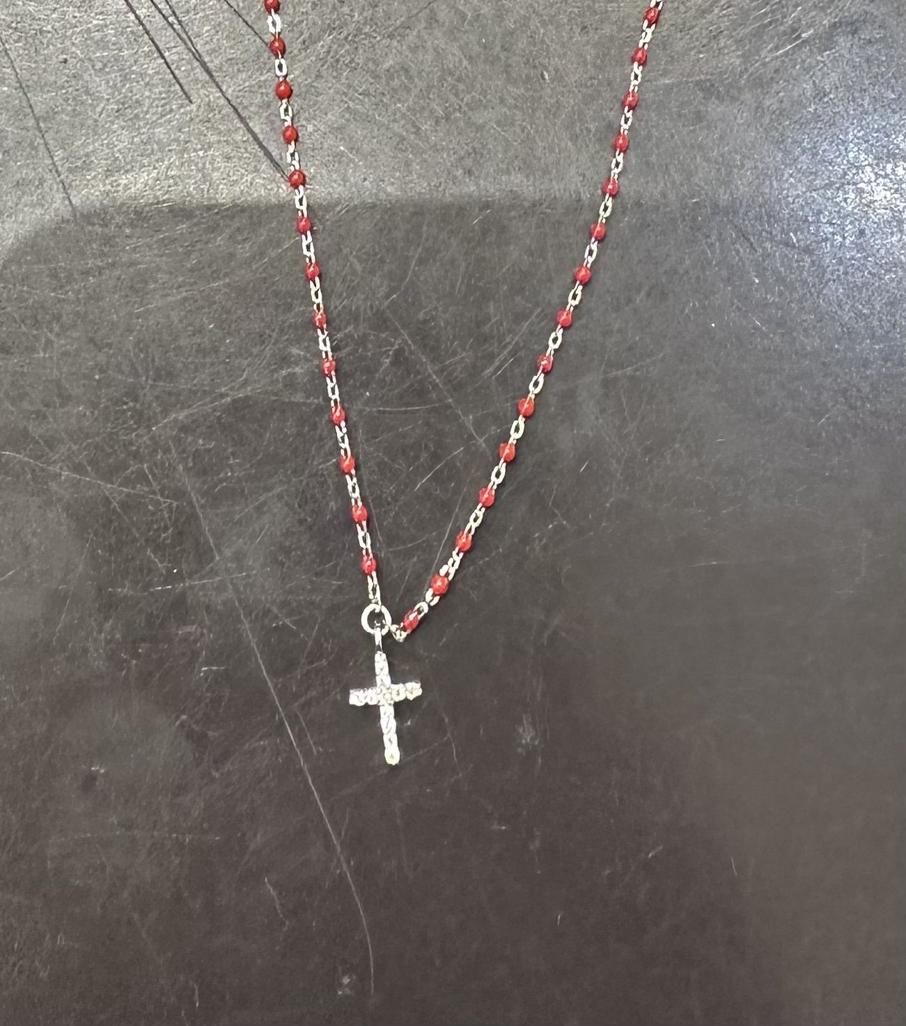 Red Ball Cross Necklace, Color: silver