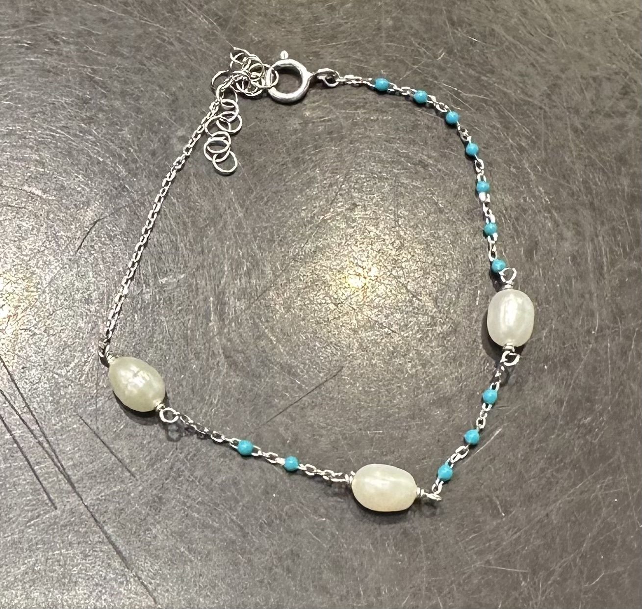 3 Pearl Blue Ball Silver Bracelet, Color: silver